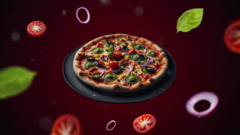 colorfull veggie pizza on a plate animation intro for advertising or marketing of restaurants with the ingredients of the dish flying in the air - price tag or sale