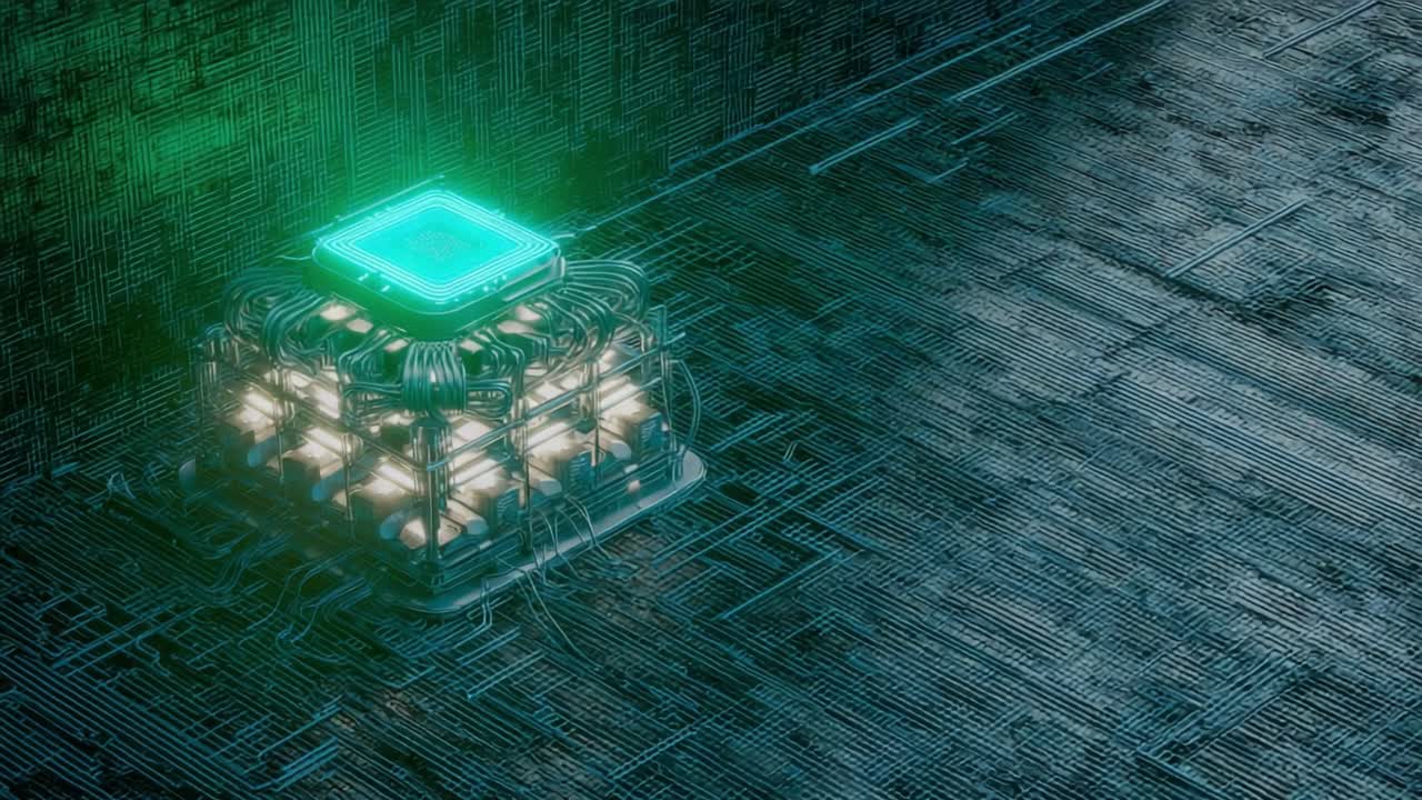 Futuristic central processing unit performing complex calculations for artificial intelligence and machine learning, with glowing green energy flowing through its intricate circuits and core