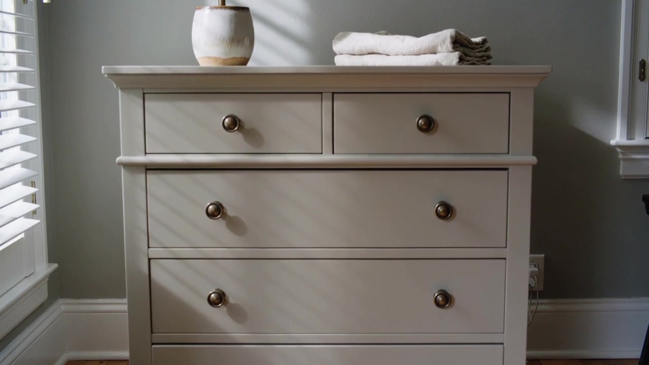 Panning camera revealing light wooden dresser in bedroom, showing blind shadows, vase, towels, lamp