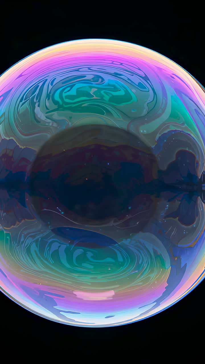 Vertical video: Airflow moving bubble on black backdrop, iridescent swirls and dark patch drifting