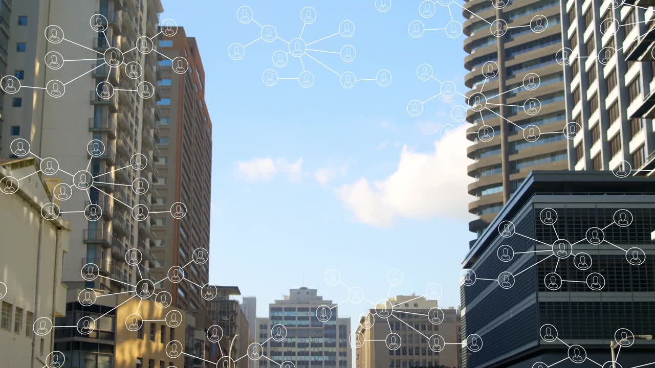 Network of connections and data processing animation over city skyscrapers