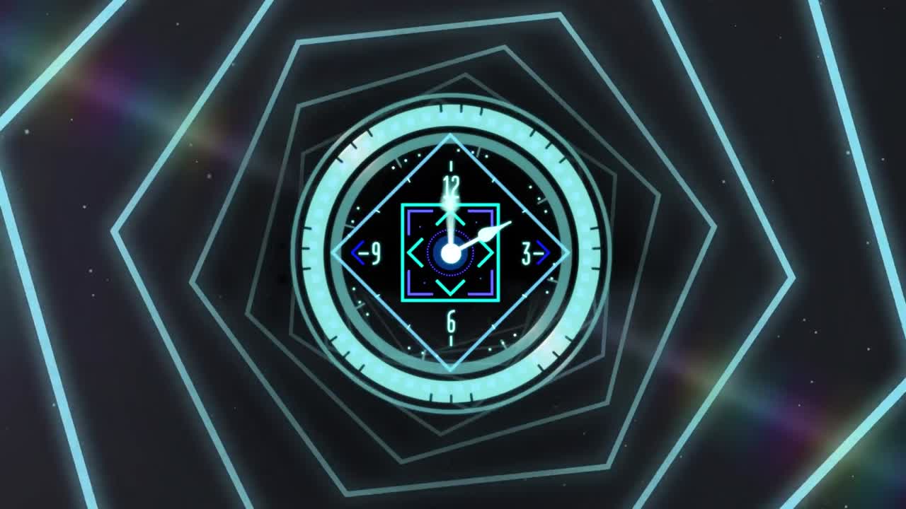 기하학적 모양 위의 시계와 함께 범위 스캐닝의 애니메이션 검은 바탕