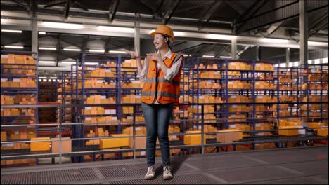 full body of asian female engineer with safety helmet standing in the warehouse with shelves full of delivery goods. smiling and pointing to side recommends about something in the storage