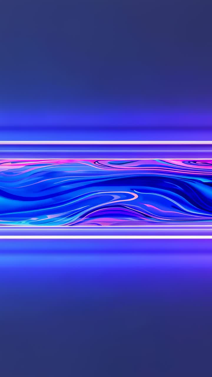 Vertical video: Loop starting, neon band with marbled liquid flowing in tall frame, pulsing lines