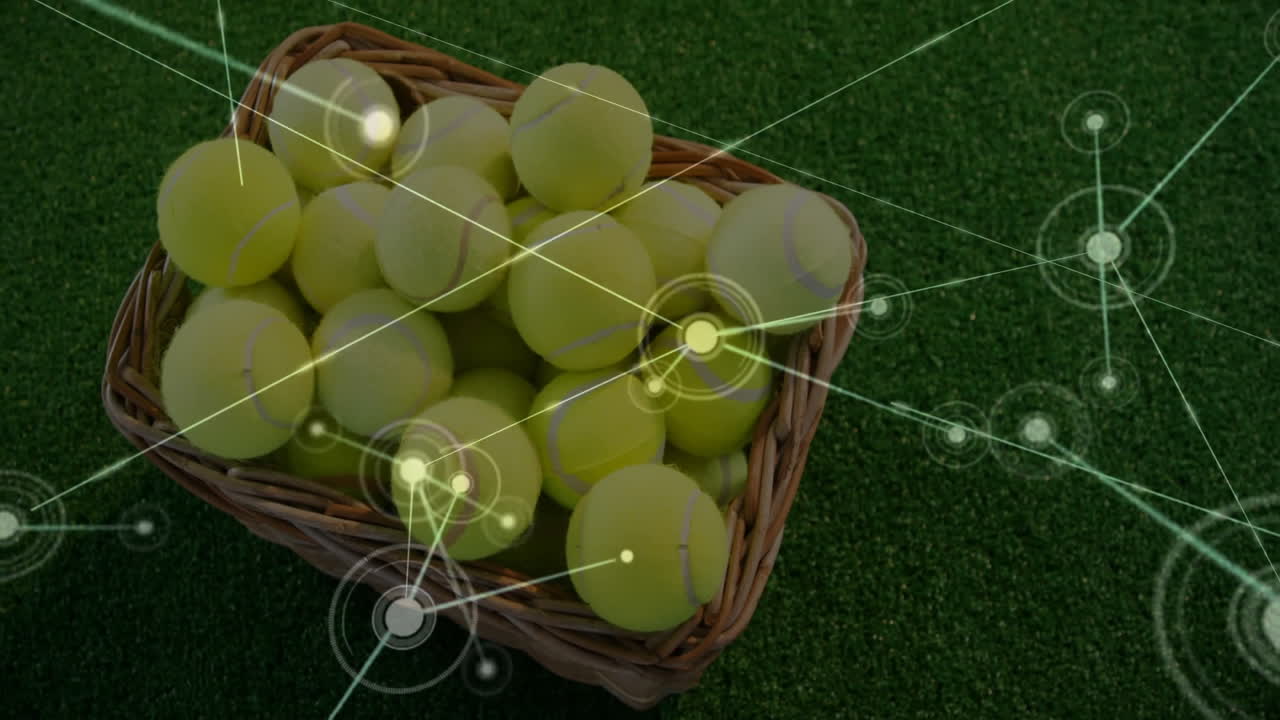 Wicker basket holding yellow tennis balls on artificial turf featuring HUD overlay