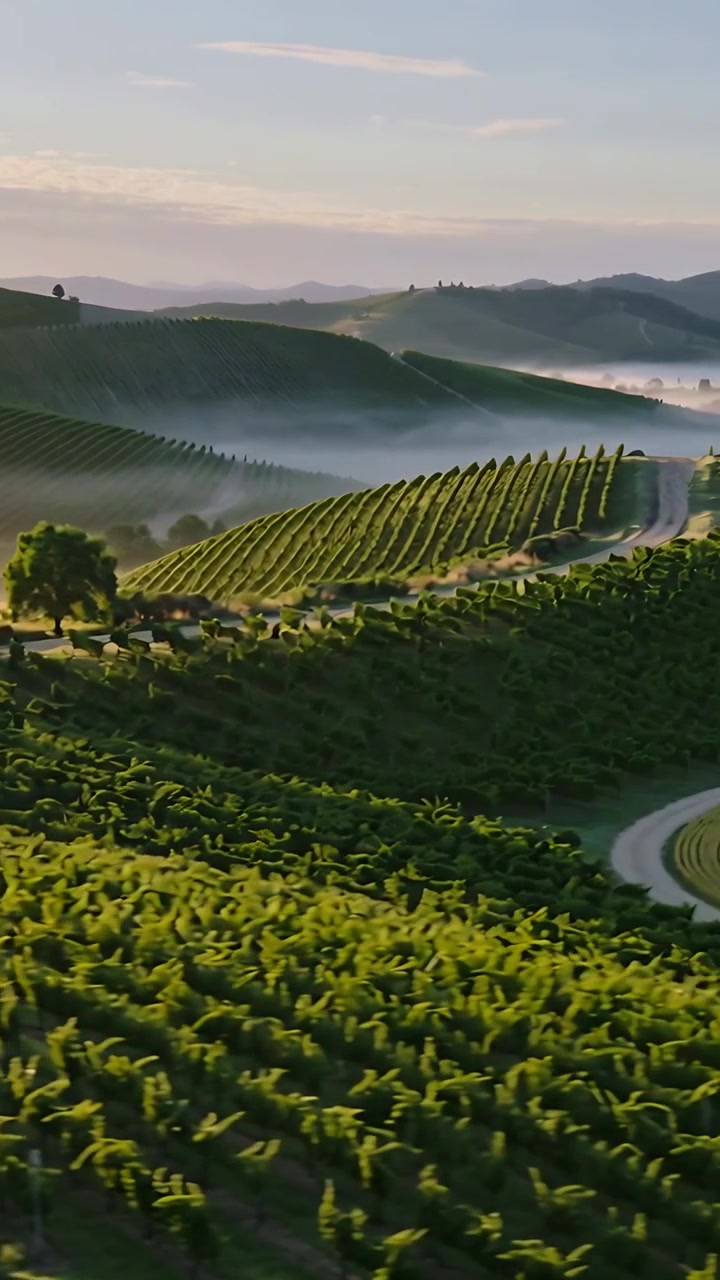 Video verticale: Drone in panoramica che rivela viti sulle colline, catturando la luce dell'alba con un sentiero e la nebbia