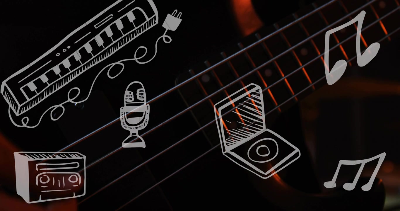 Mano di chitarrista che entra pizzicando le corde e muovendo un bagliore arancione con scarabocchi bianchi statici per la musica