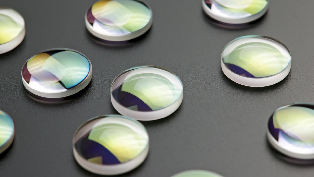 평평한 검은색 표면에 둥근 유리 렌즈 조각의 전체 프레임 루프 회전 배경