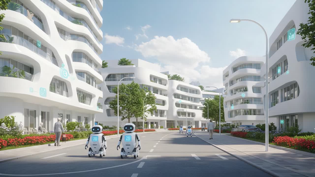 A futuristic urban landscape showcasing humanoid robots and people interacting in a smart city environment with modern architecture and greenery