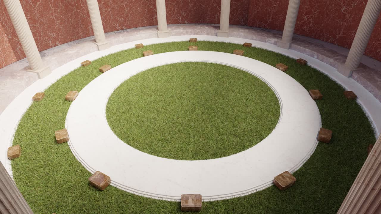 Interior of circular building with columns and grass lawn. 3d animation