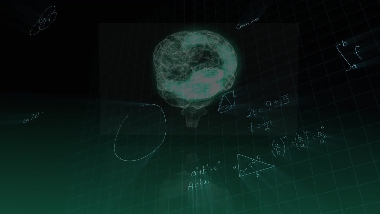 animación de ecuaciones matemáticas sobre un modelo digital del cerebro humano sobre un fondo negro