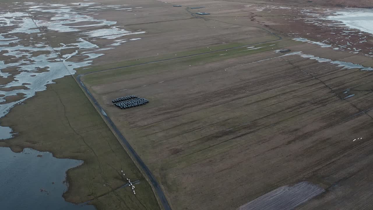 백그라운드에서 machair와 함께 berneray 해변에서 크로프터에 의해 양 떼의 드론 샷