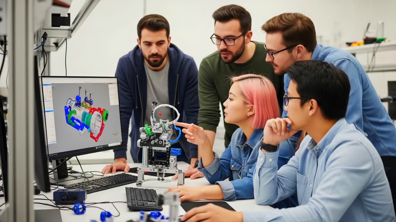 A group of six diverse individuals engaged in a technical discussion, analyzing robotic designs on a computer while collaborating around an intricate robotic model