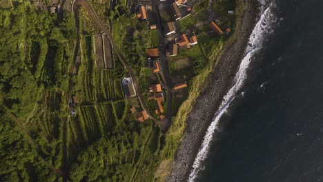 top-down-view-of-a-rural-coastal-village-with-crop-fields,-Lush-green-cliffs-landscape-over-the-Atlantic,-Fajã-dos-Vimes,-São-Jorge-island,-the-Azores,-Portugal