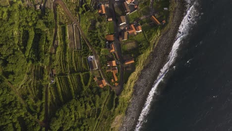 top-down view of a rural coastal village with crop fields, lush green cliffs landscape over the atlantic, fajã dos vimes, são jorge island, the azores, portugal