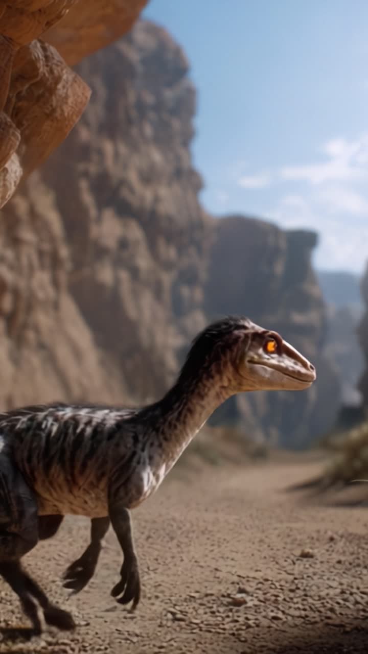 Un dinosauro CGI realistico emerge da un canyon roccioso, mostrando dettagli impressionanti e un ambiente naturalistico in uno splendido ambiente preistorico