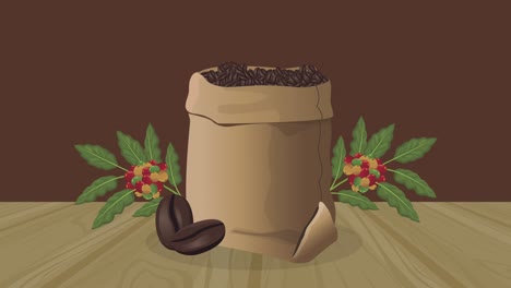 delicioso saco de café y animación de plantas