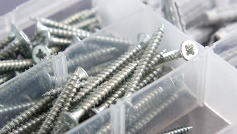 tornillos variados en una caja de almacenamiento de plástico transparente