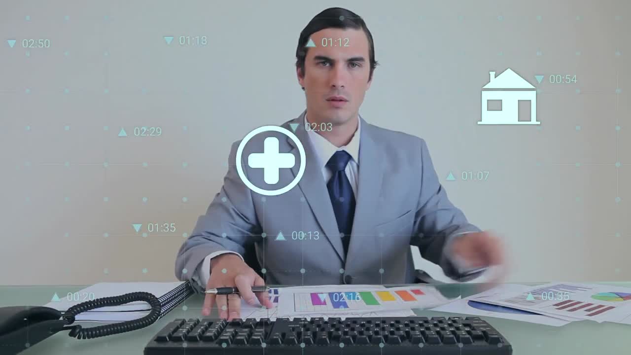 카우카스 사업가에 대한 아이콘으로 데이터 처리의 애니메이션