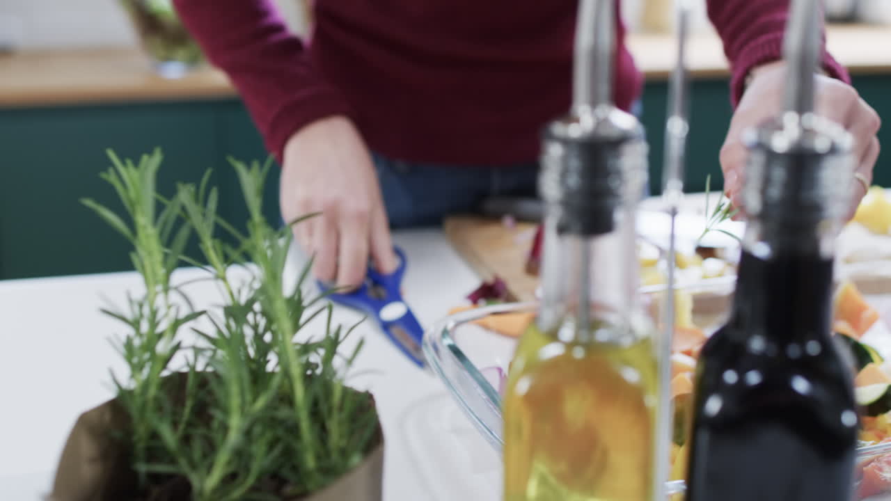 집에서 주방에서 저녁 식사를 하는 두 인종의 여성의 중간 섹션, 느린 동작