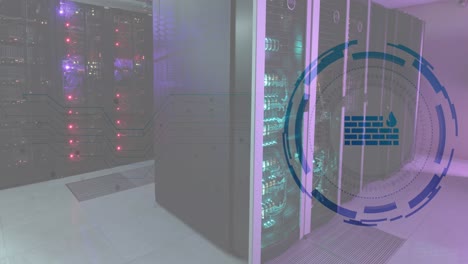 Animation-Des-Firewall-Symbols-In-Ladekreisen-über-Beleuchteten-Server-Racks-Im-Serverraum