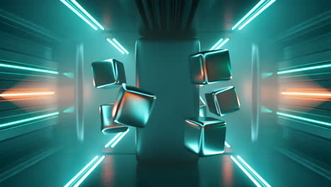 futuristic neon lit room with floating metallic cubes