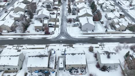 overhead aerial view of a spokane suburban neighborhood covered in a blanket of fresh snow