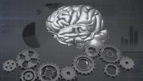 animación del cerebro girando sobre un fondo gris con gráficos y engranajes