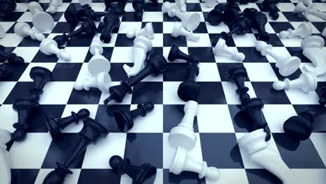 dead chess pieces looping 3d animation, camera moving forward