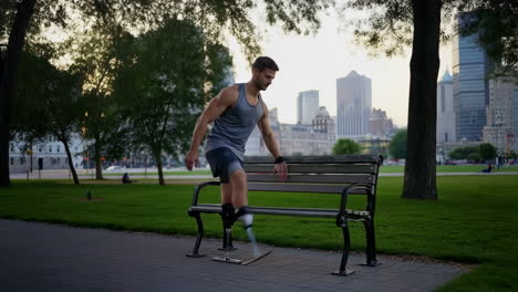 man with prosthetic leg exercising on bench in park