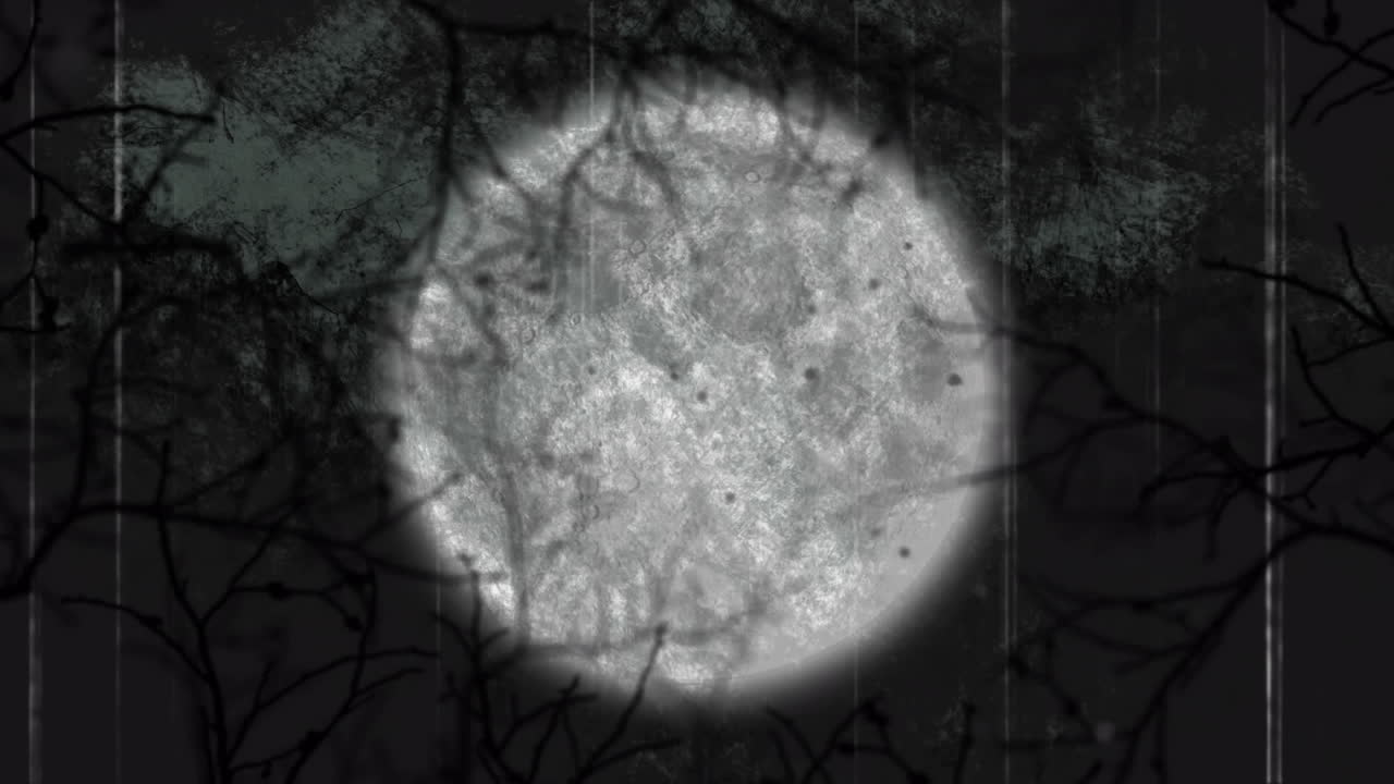 Animation of halloween spooky interference over moon and tree branches on black background