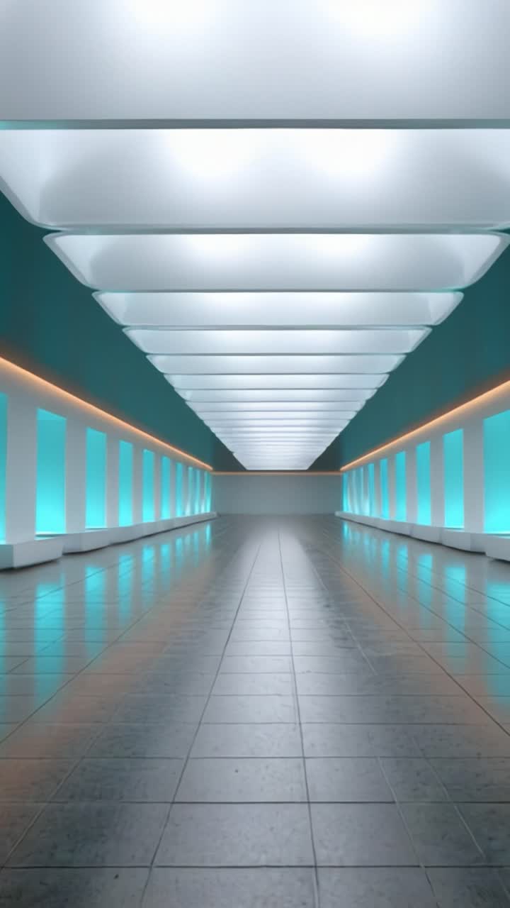 Uno spazio interno moderno ed elegante caratterizzato da illuminazione simmetrica e pavimenti riflettenti, progettato per un'atmosfera estetica e contemporanea in stile minimalista