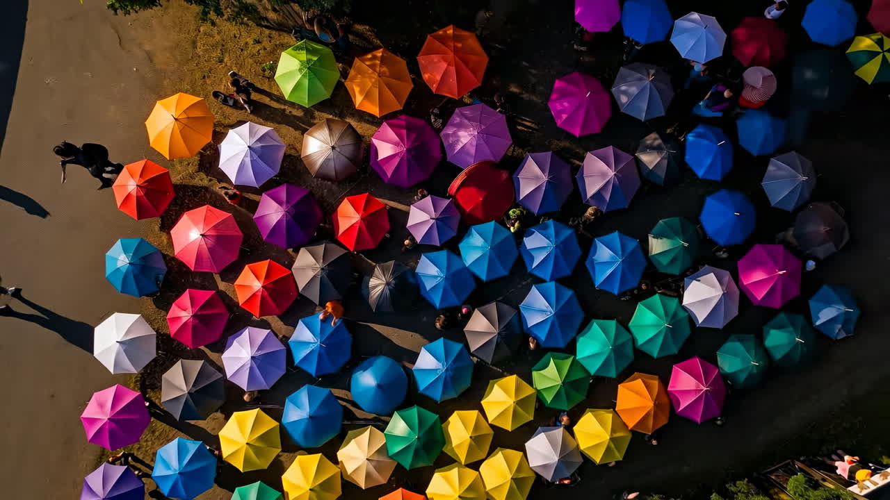 Bright umbrellas make a scene. Groups of people gather under a canopy of brightly colored umbrellas during a sunny afternoon event