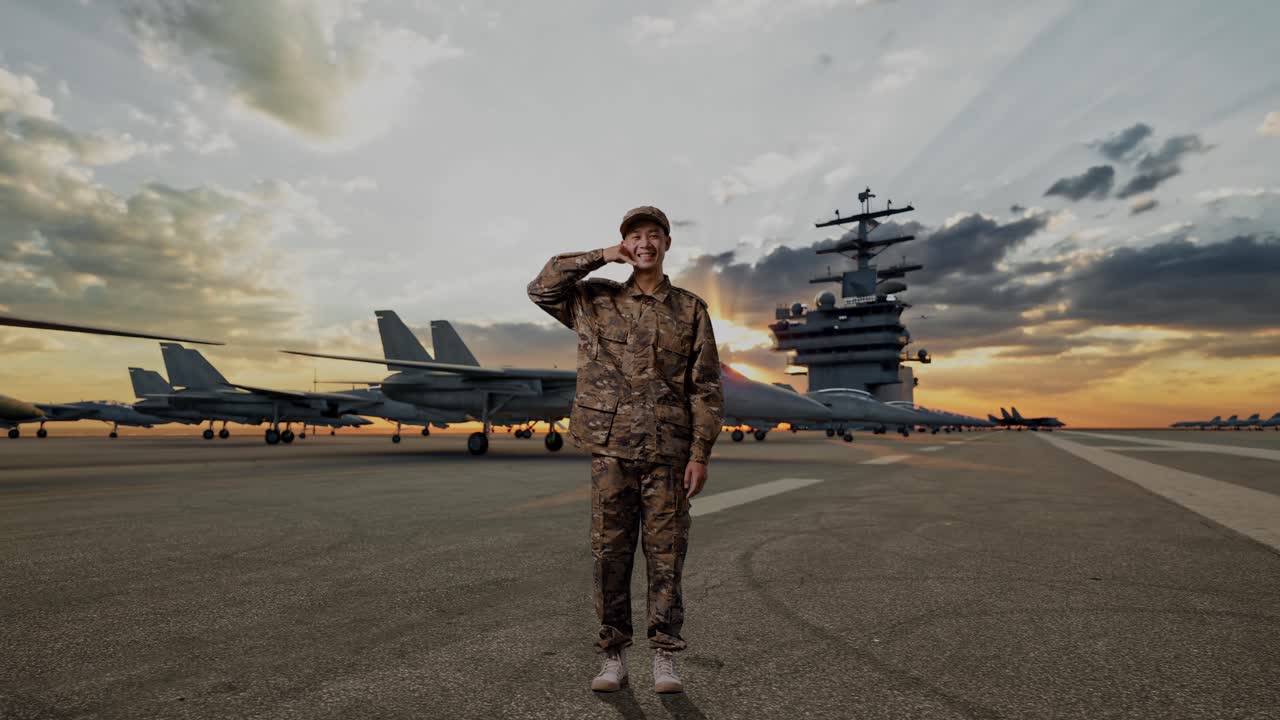 Personale militare su portaerei al tramonto