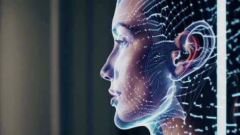 side profile of a woman merged with a digital face overlay, shot at eye level video