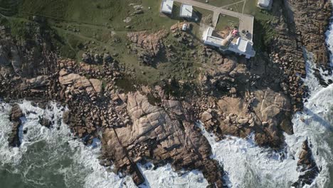 Aerial-Drone-Fly-Above-Rocky-Peninsula-and-Ocean-Shore-of-Cabo-Polonio-Uruguay-360-Panoramic-View