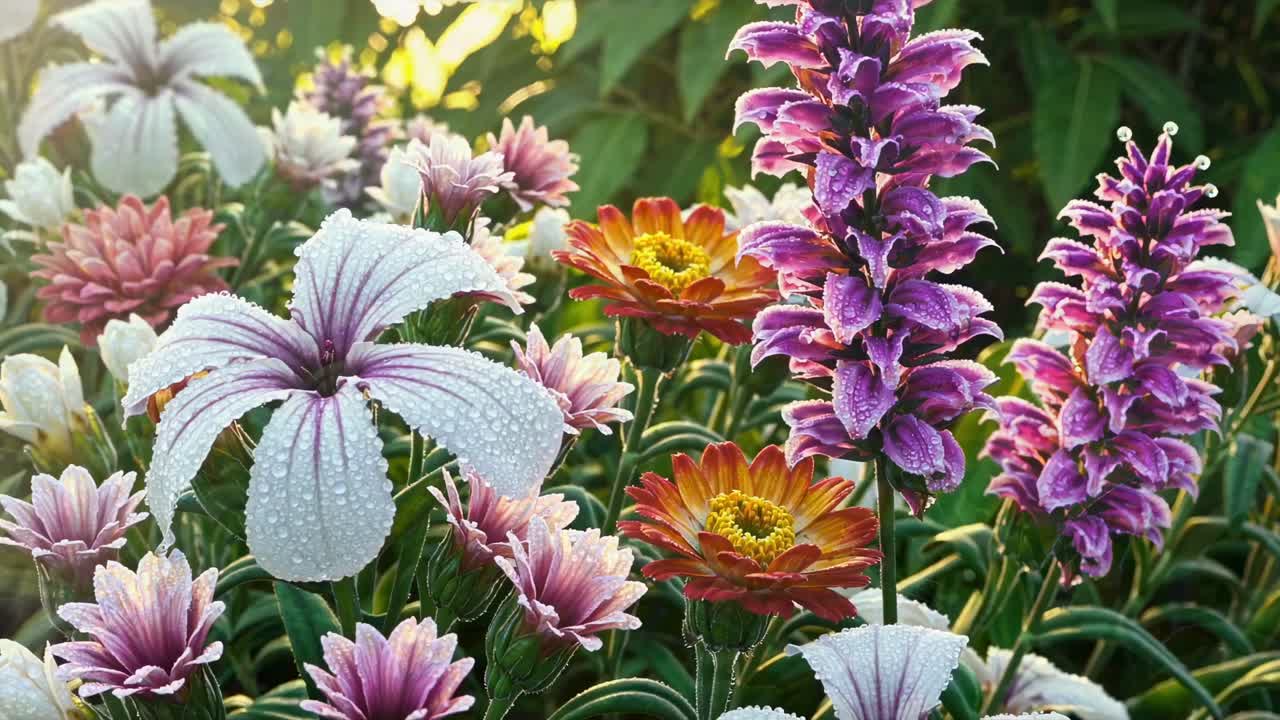 Vibrant garden scene with dewy flowers in vivid colors, captured from a low-angle