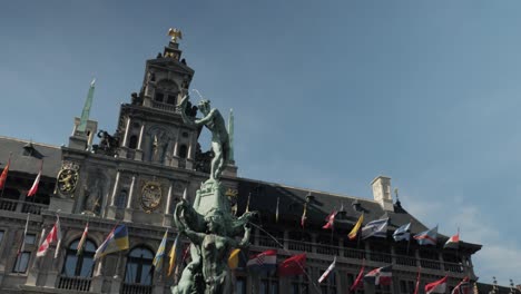 Brabo Fountain and City Hall at Antwerp’s Grote Markt in clear daylight