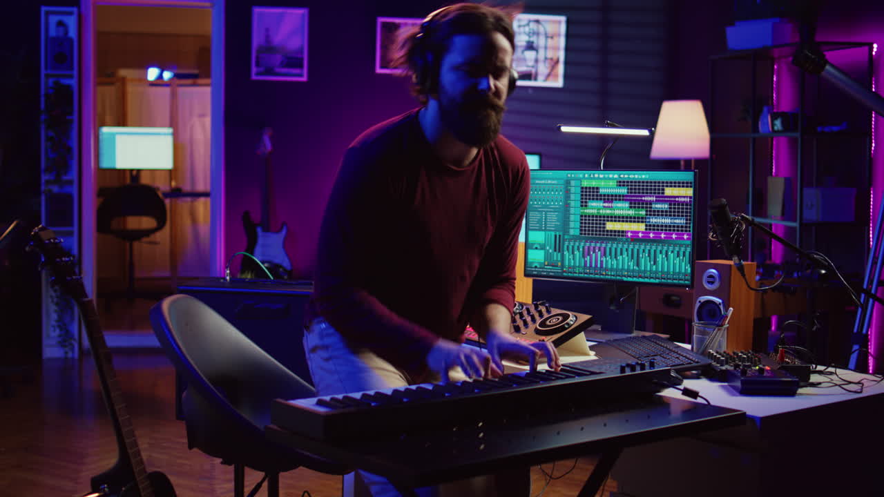 artista alegre tocando el teclado del piano y grabando melodías