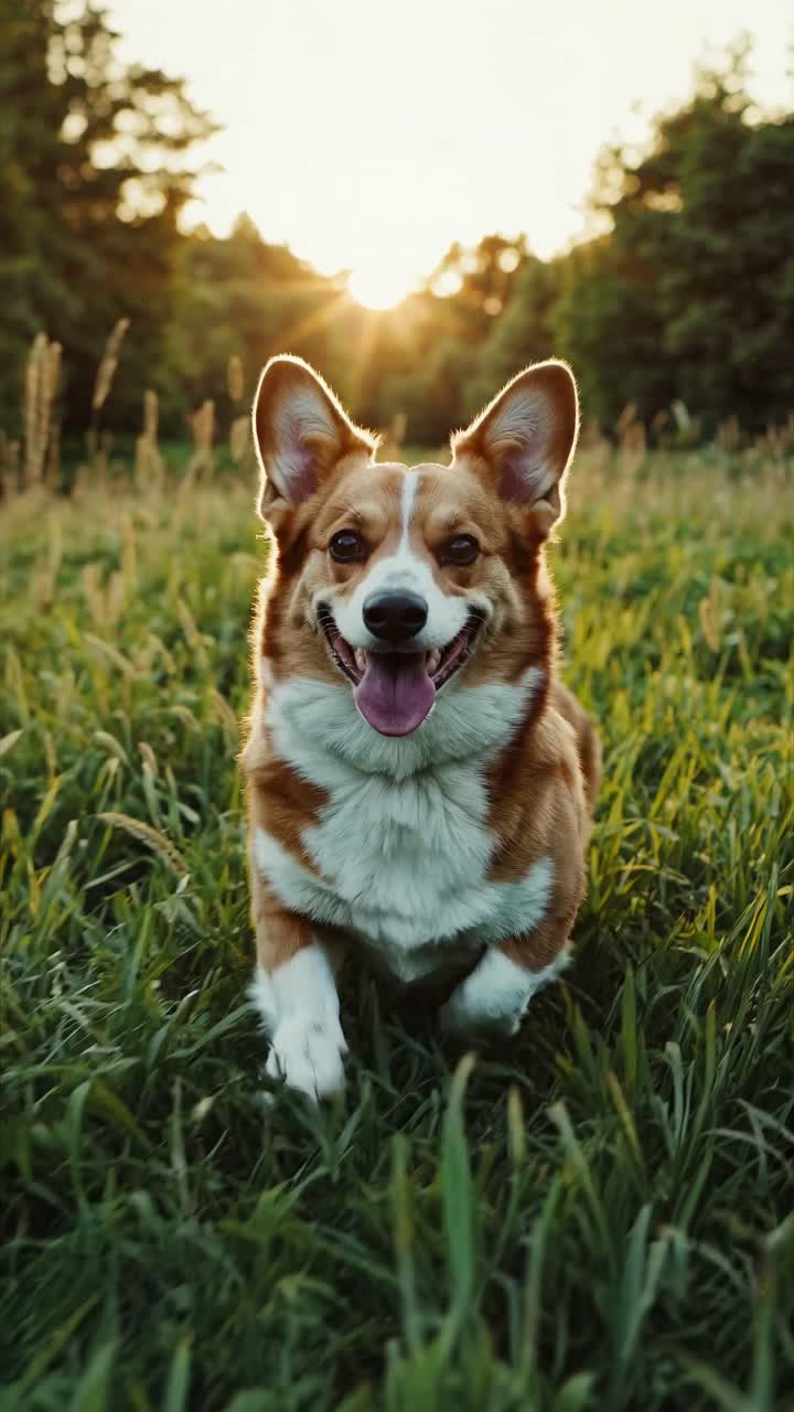 A joyful corgi runs through a grassy field at sunset, captured from a low-angle, creating a dynamic