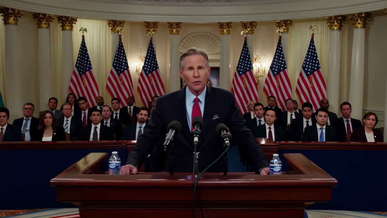 Politician Delivers a Speech at a Podium with American Flags