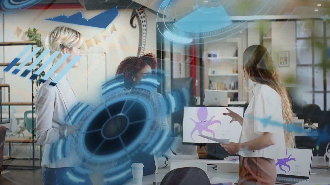 Team of three, center woman pointing octopus screen, sparking blue HUDs over team for design review