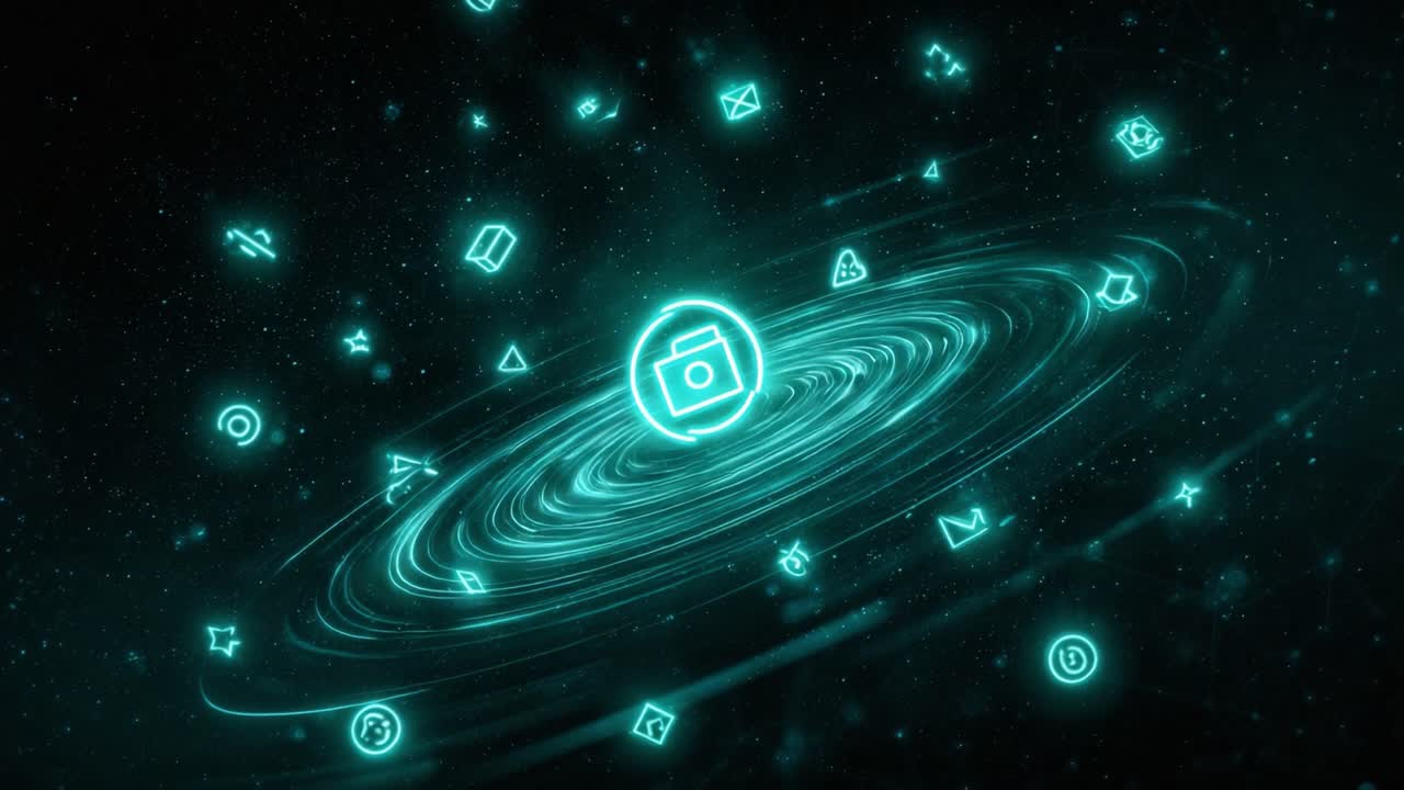 A Captivating Digital Universe Illustrating Interconnected Icons Surrounding a Central Element, Symbolizing Data Flow, Communication, and Technological Advancements in a Thematic Futuristic Composition