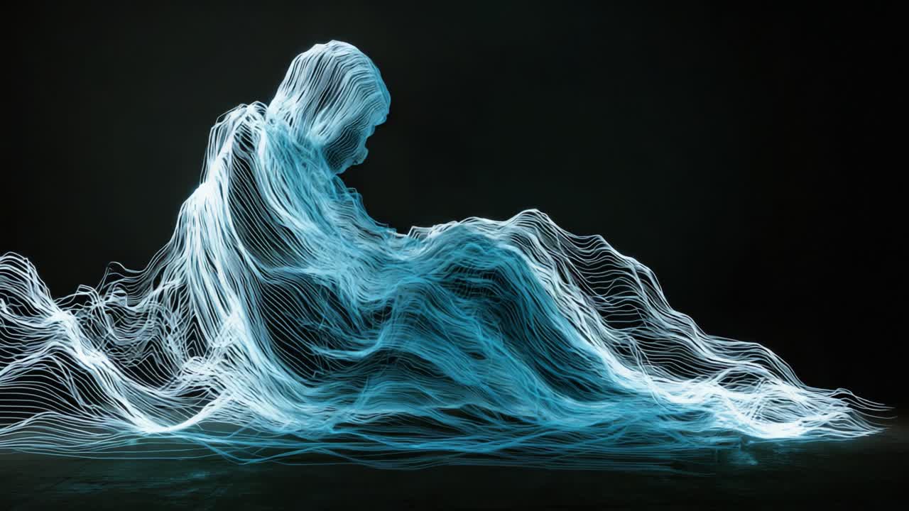 En fængslende visuel repræsentation af en spøgelsesagtig figur i en meditativ stilling, illustreret gennem flydende lyslinjer, der forener elementerne teknologi, kunst og følelser i en fantastisk komposition.