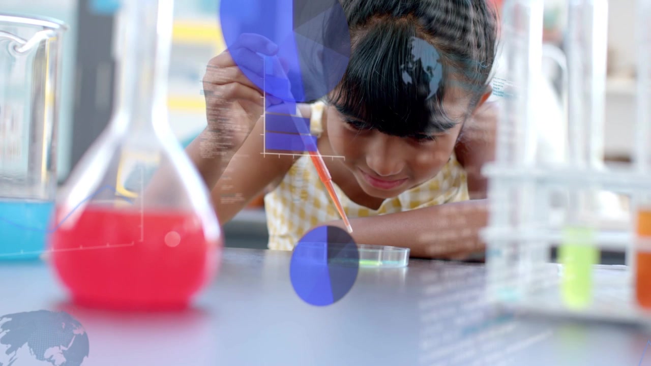 Science student using pipette with blue graphics appearing, dropping red liquid into dish for class