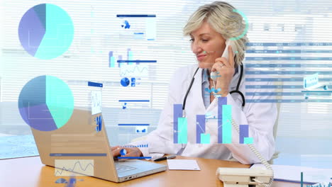 procesamiento de datos financieros contra una doctora caucásica usando una computadora portátil y hablando por teléfono