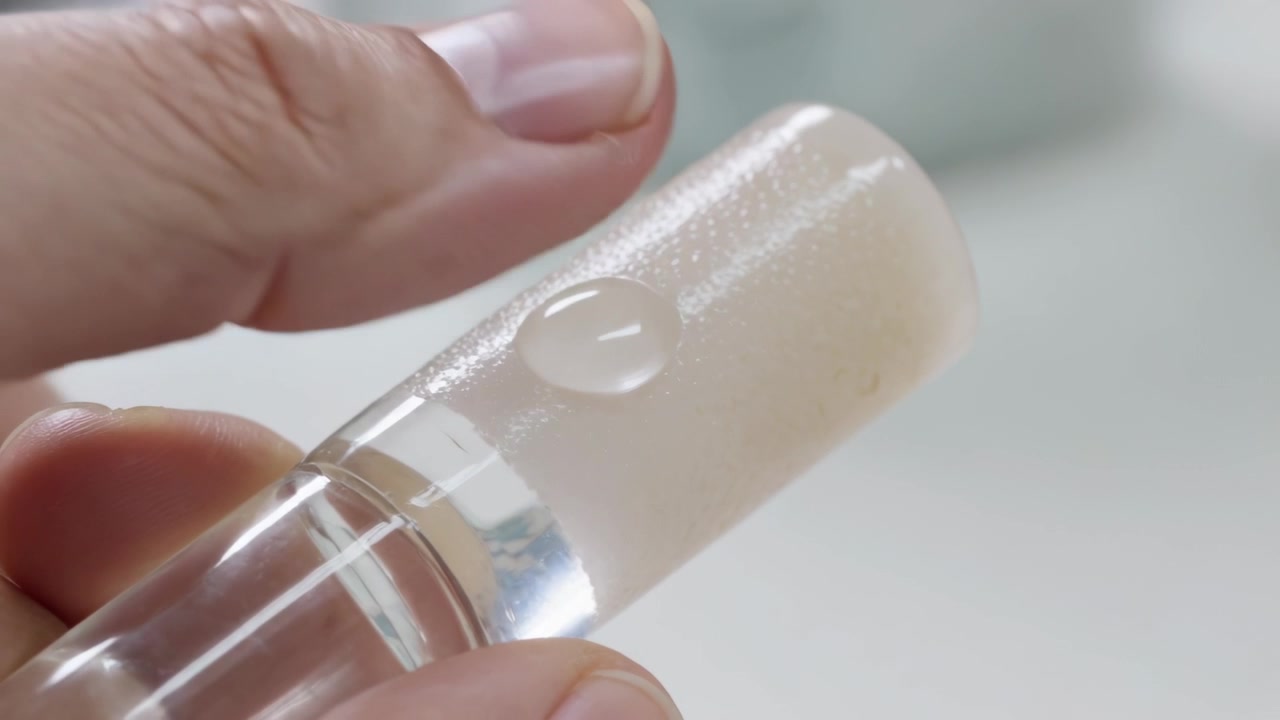 Droplet falling onto clear tube beige tip while thumb pressing, rubbing, spreading liquid at vanity