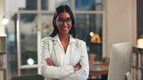 Night,-arms-crossed-and-face-of-happy-woman