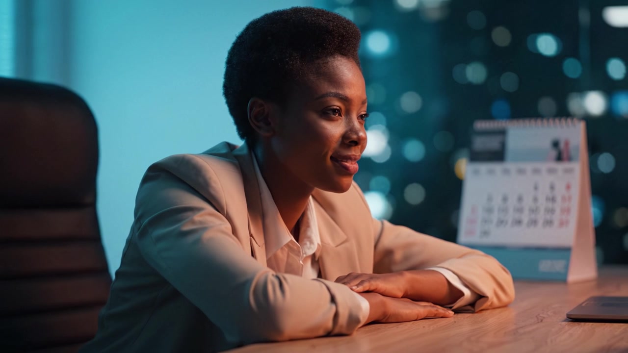 Professional woman in an office setting, expressing contemplation and satisfaction with a cityscape backdrop, illuminated by ambient lighting from windows at night.