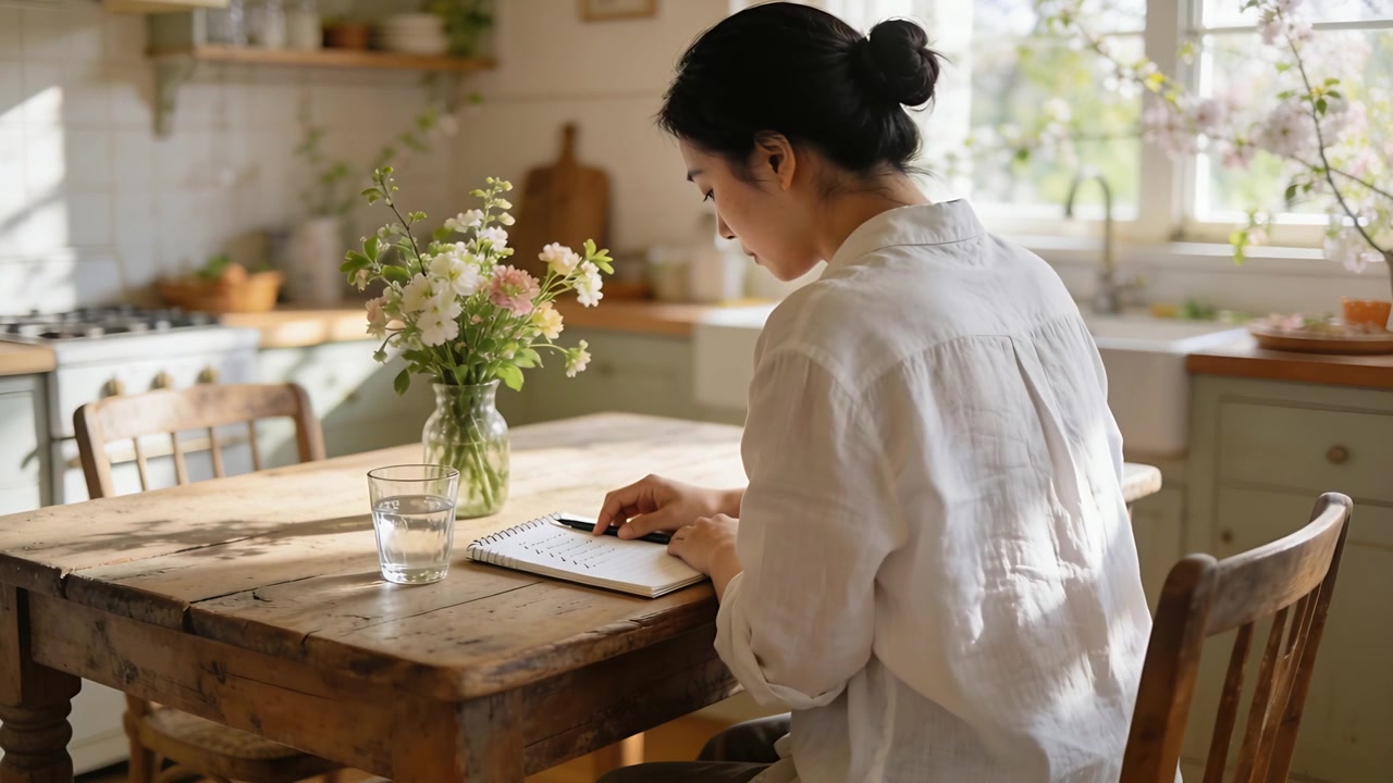 Donna che scrive con una penna, si ferma, rivede il quaderno e controlla gli impegni al tavolo della cucina, indossando un top chiaro.